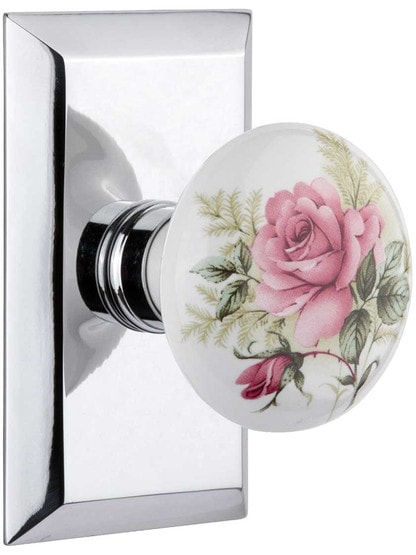 New York Rosette Door Set with Rose Porcelain Knobs in Polished Chrome.